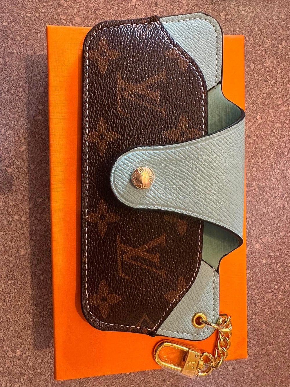 Brown Monogram with Light Blue Leather Key Pouch With Box
